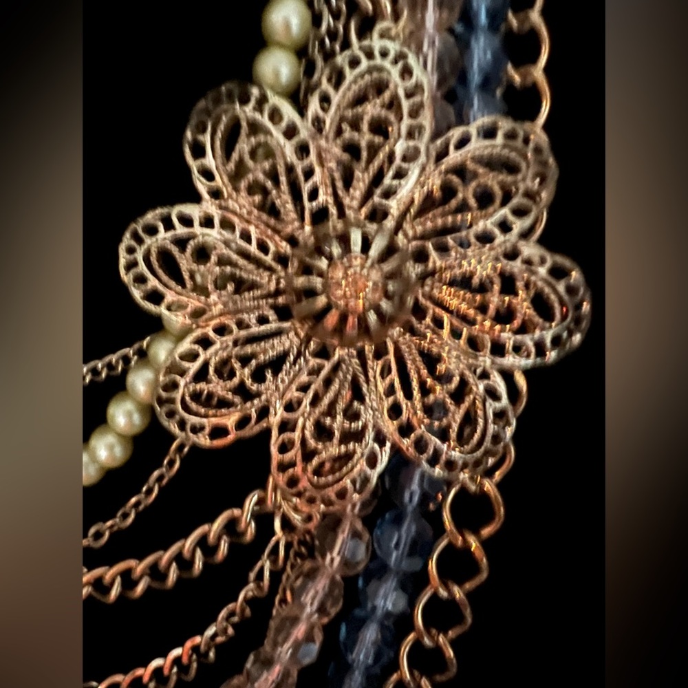 Vintage Multi Strand Statement Necklace w/Floral Openwork Ornament - Picture 3 of 7